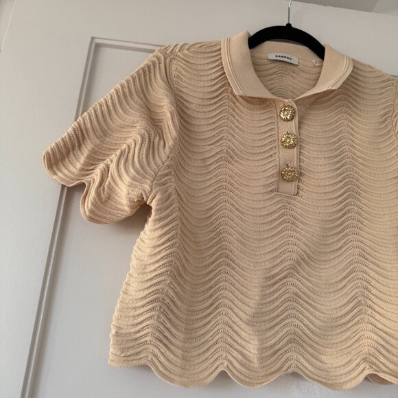 NWT Sandro Paris Campia Cropped Sweater Naturel Wavy Knit Scalop Hem Polo Style - Picture 7 of 9